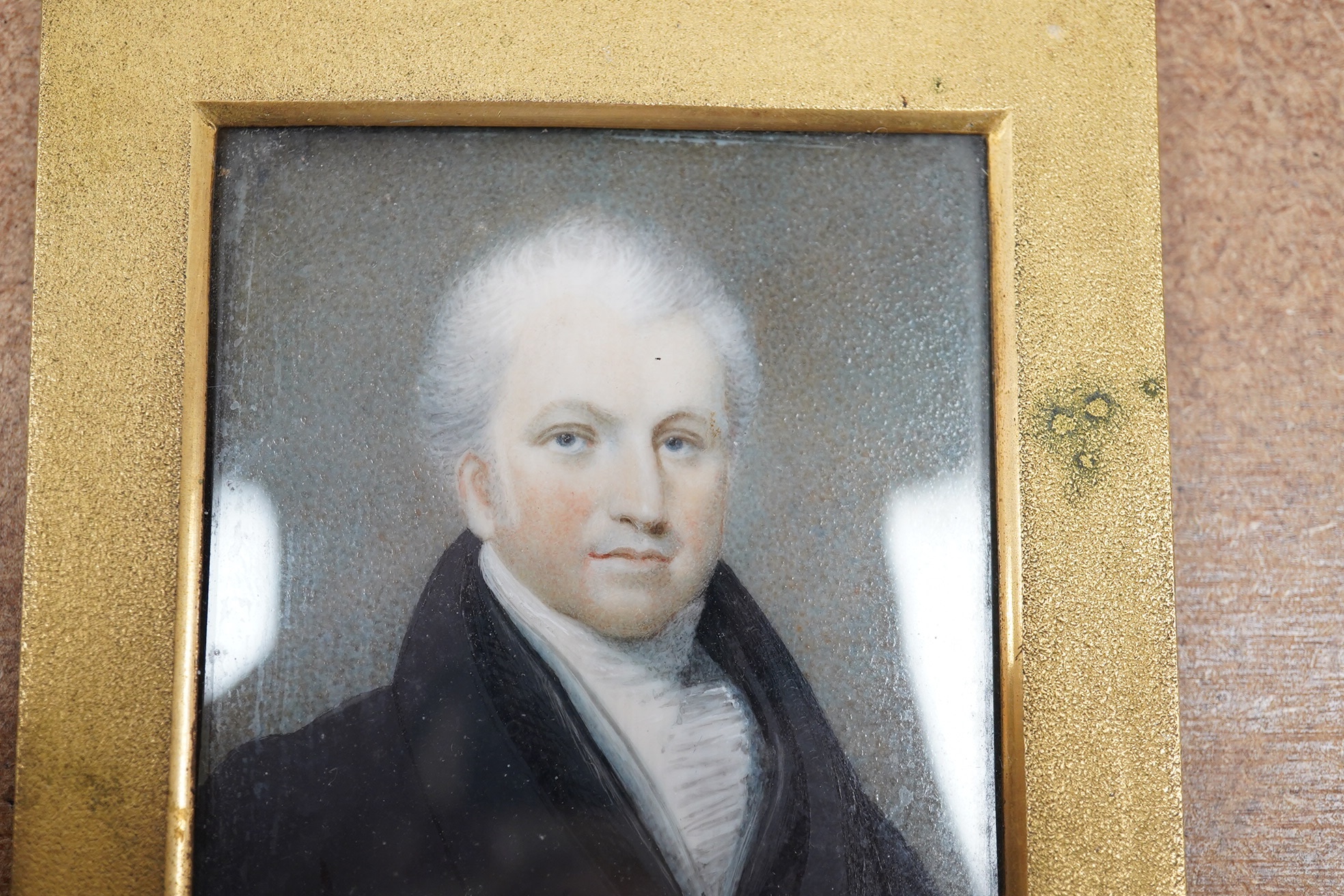 Thomas Hargreaves RBA (1774-1847), oil on ivory, Portrait miniature of a gentleman wearing a frock coat, Ernest Salaman inscribed collection label verso, 7.5 x 6cm. CITES Submission reference EUZ29QZ9. Condition - poor t